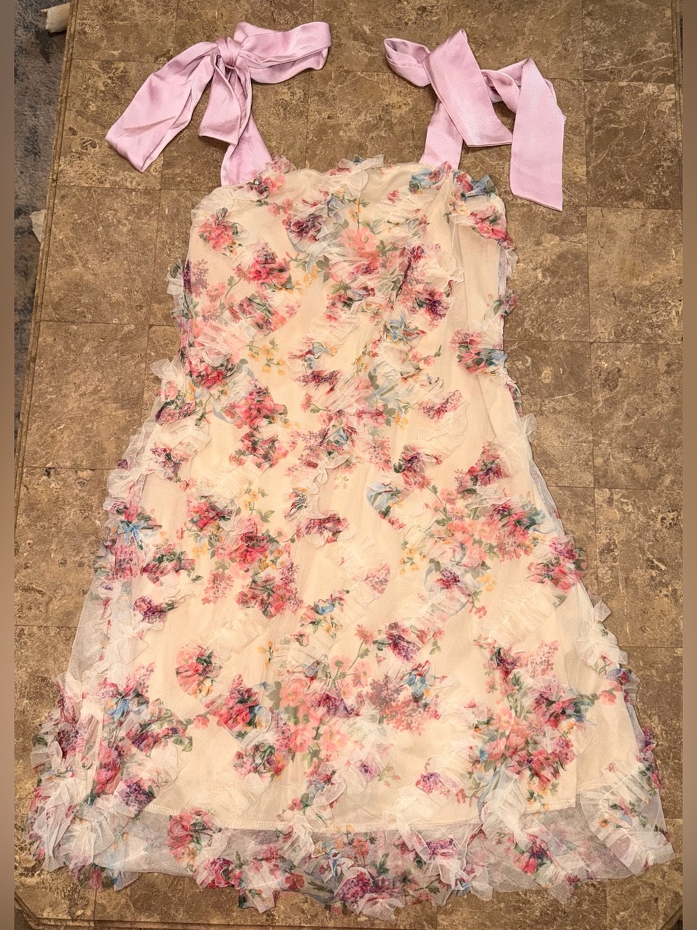 SHEIN Cream Floral Ruffle Tie-Shoulder Dress with Pink Straps